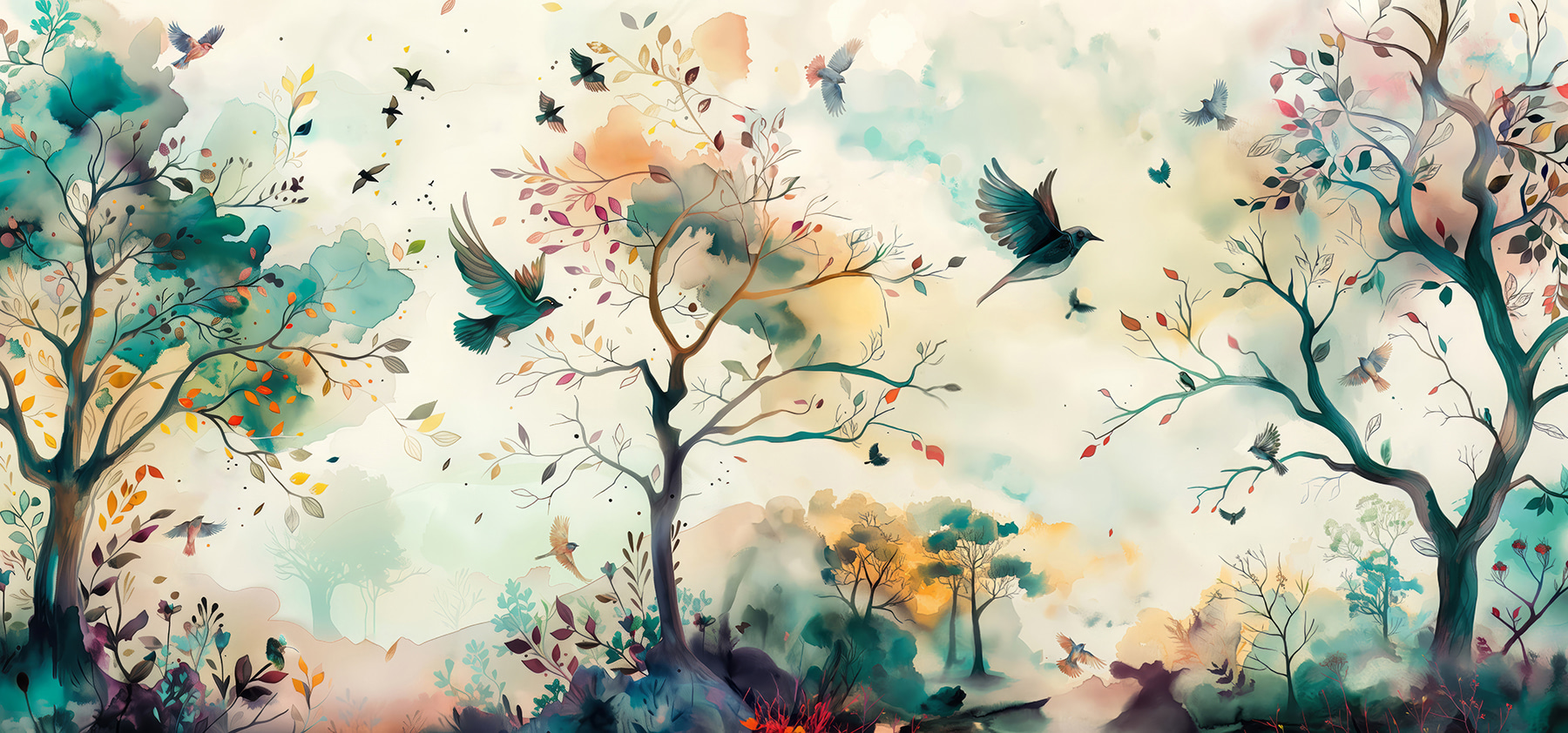 A painting of birds flying in the sky
