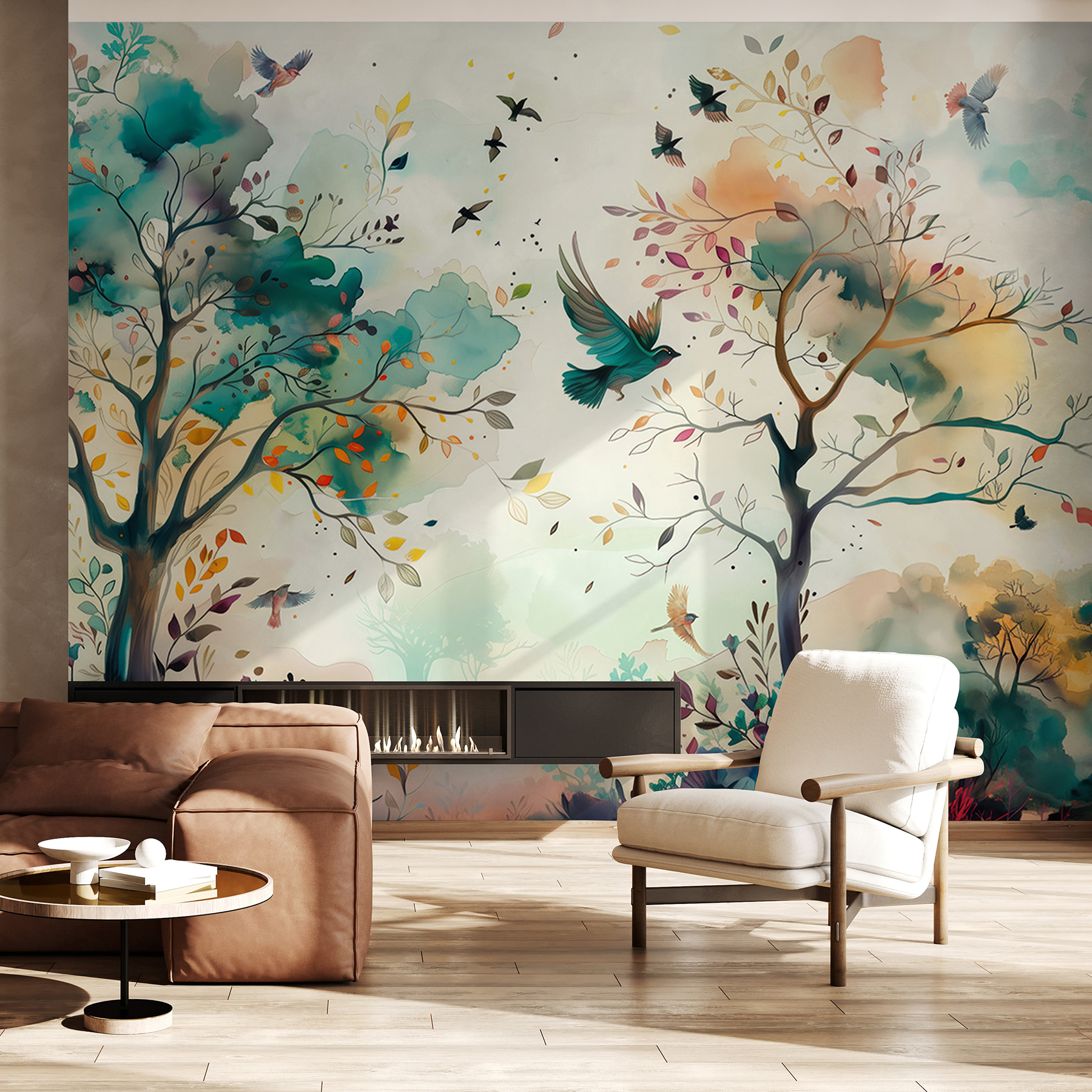 A painting of birds flying in the sky