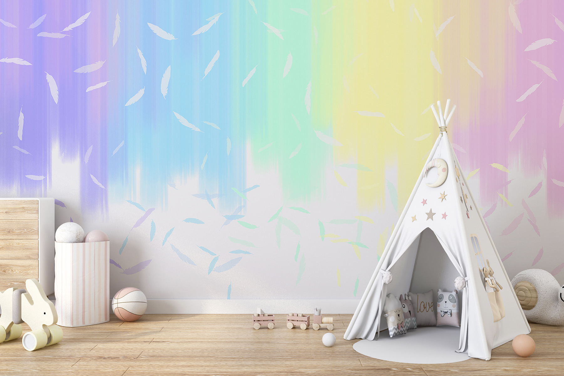 A rainbow colored background with white feathers falling A rainbow colored background with white feathers falling