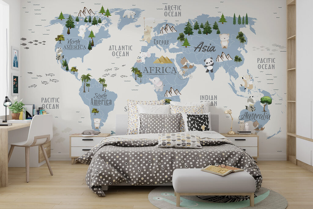 A map of the world with animals and birds A map of the world with animals and birds
