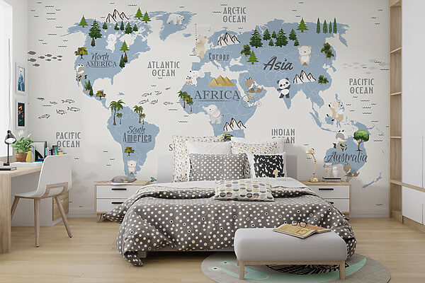 A map of the world with animals and birds A map of the world with animals and birds