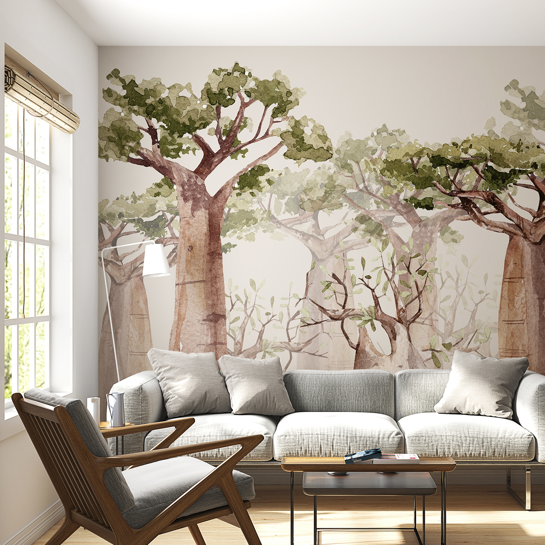 A group of trees with green leaves