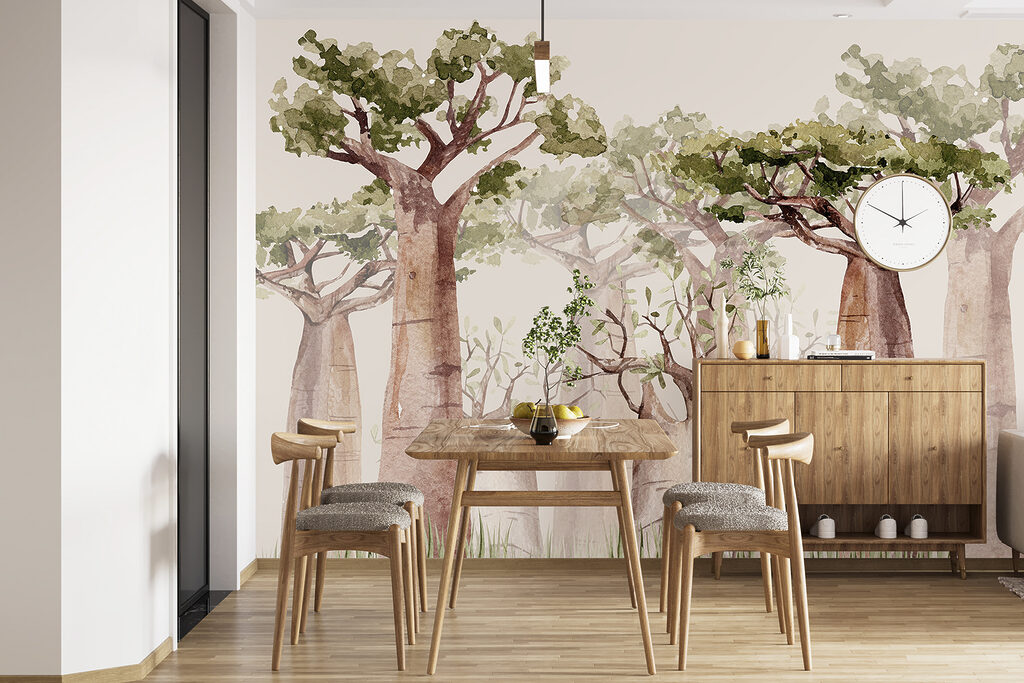 A group of trees with green leaves