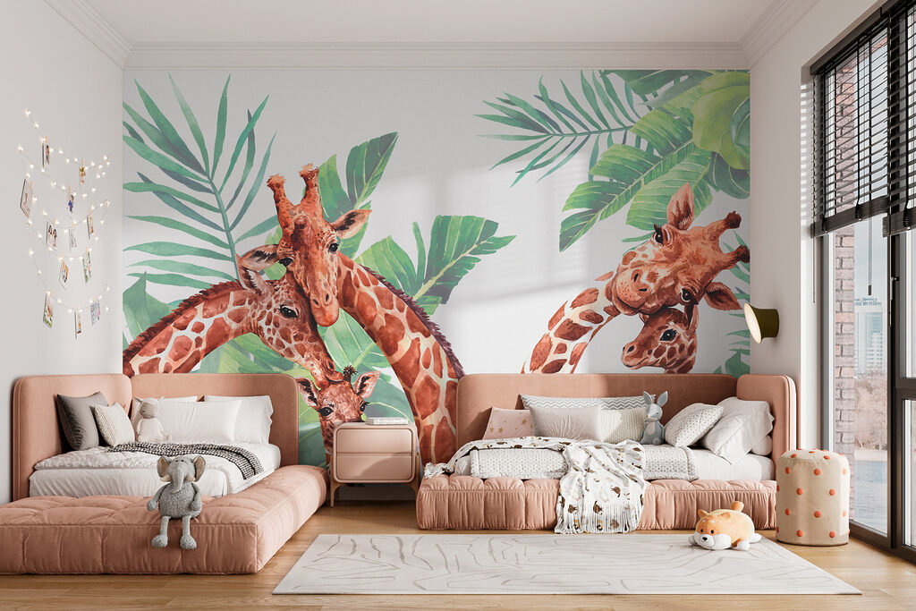 A group of giraffes with their heads in front of leaves