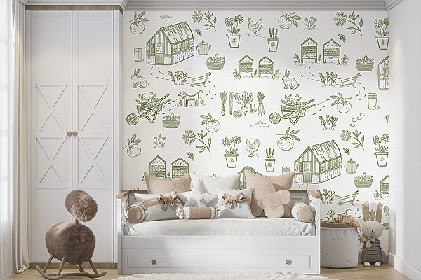 A pattern of gardening tools and plants