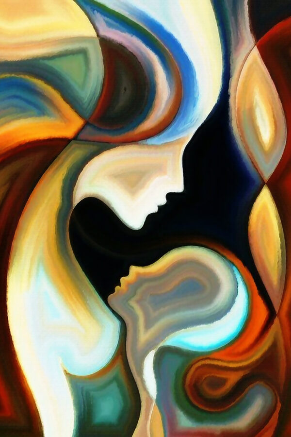 A colorful background with a couple of faces