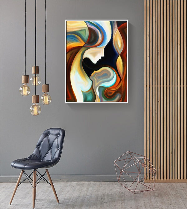 A colorful background with a couple of faces