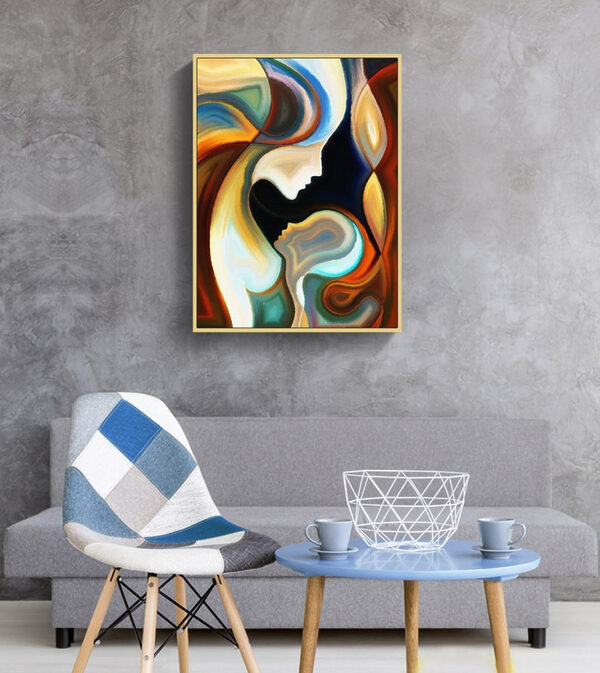 A colorful background with a couple of faces