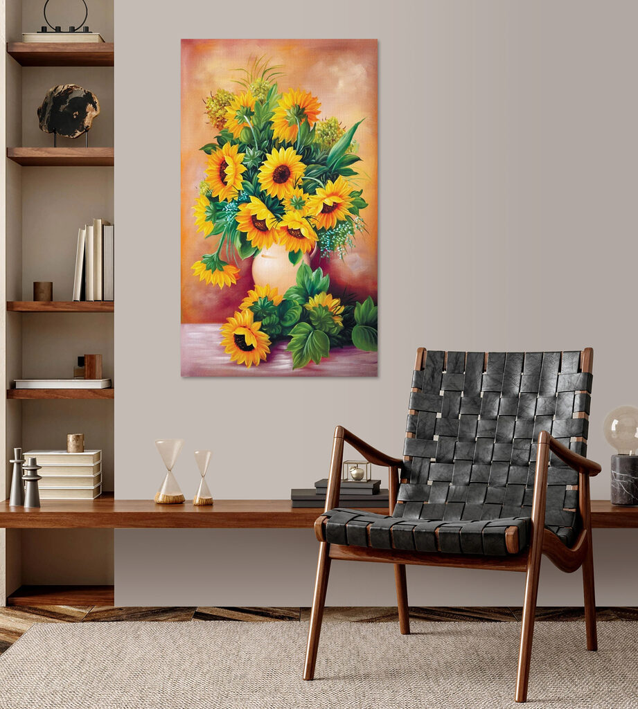 A painting of sunflowers in a vase