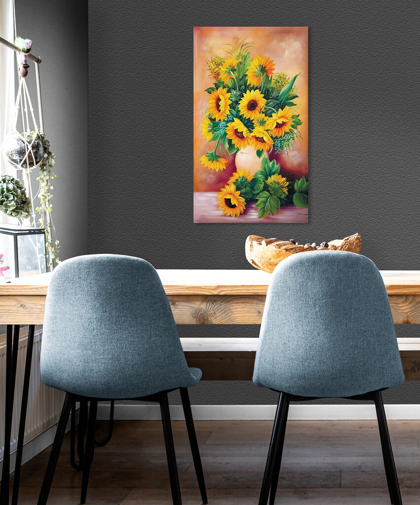 A painting of sunflowers in a vase