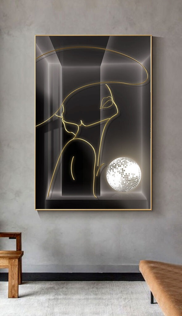 A drawing of a woman with a disco ball