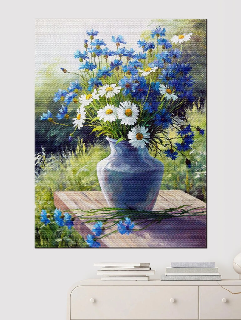 A painting of a vase of flowers A painting of a vase of flowers