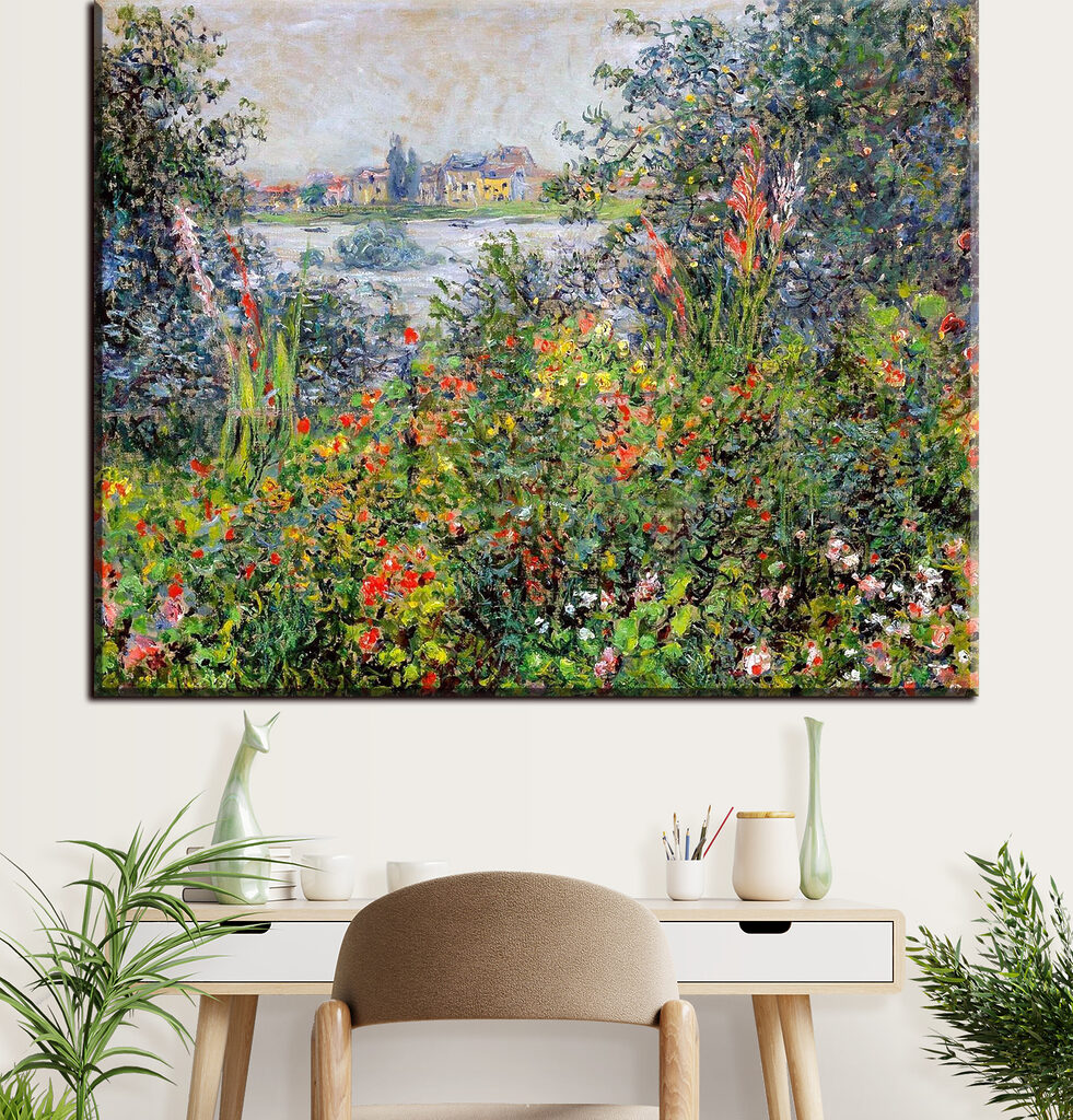 A painting of a garden with flowers and trees