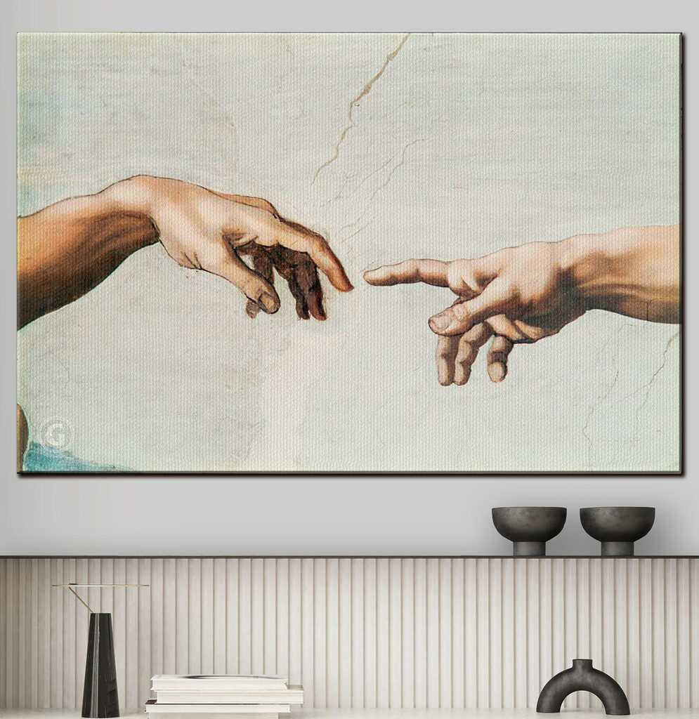 A painting of hands touching each other