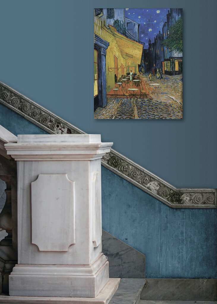 A painting of a street with tables and chairs A painting of a street with tables and chairs