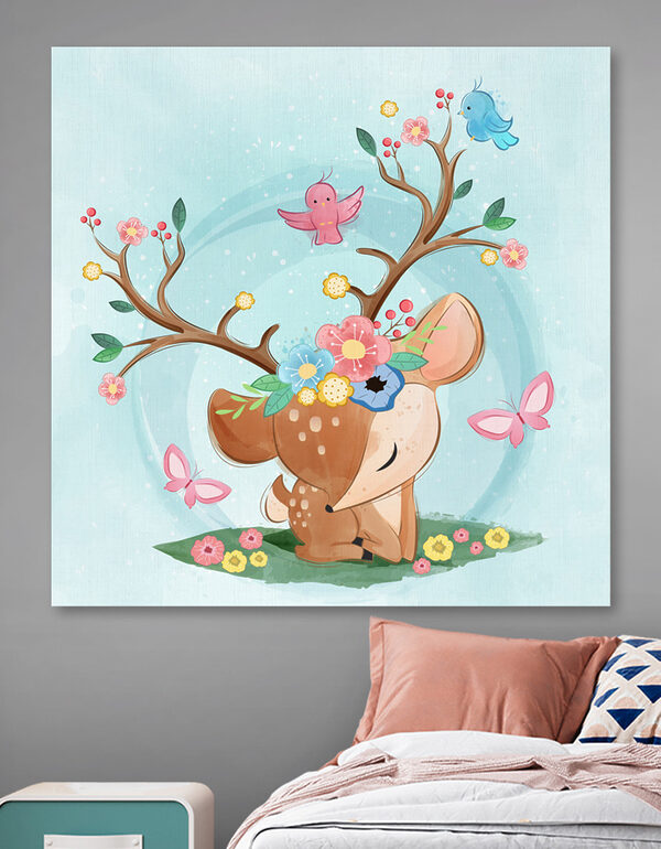Vászonképek Egy rajzfilm szarvas virágokkal és madarakkal
