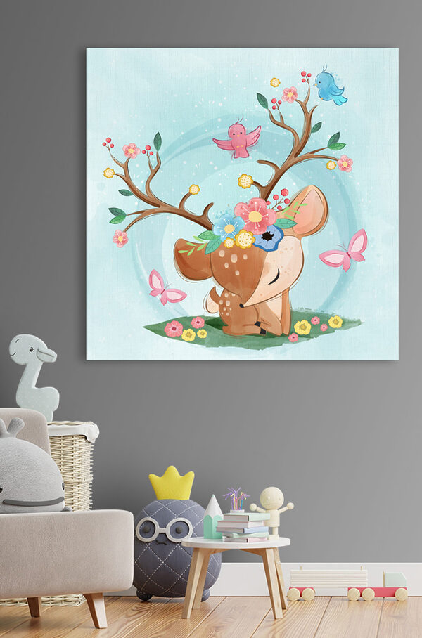 A cartoon deer with flowers and birds