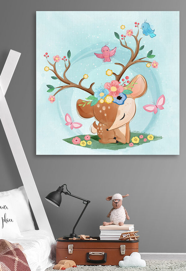 A cartoon deer with flowers and birds