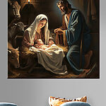 Vászonképek Egy festmény, amely egy férfit és egy nőt ábrázol egy jászolban, körülötte állatokkal