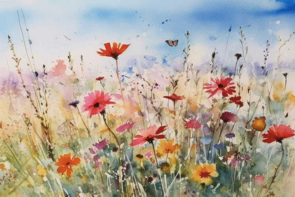 A watercolor painting of flowers and a butterfly A watercolor painting of flowers and a butterfly