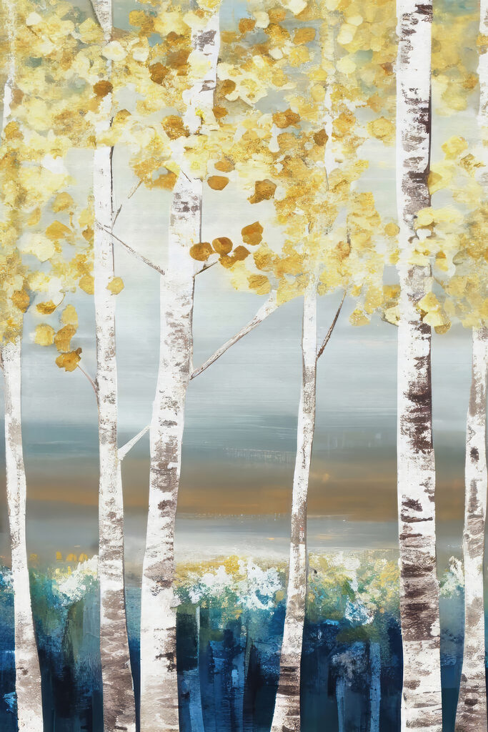 A painting of trees with yellow leaves