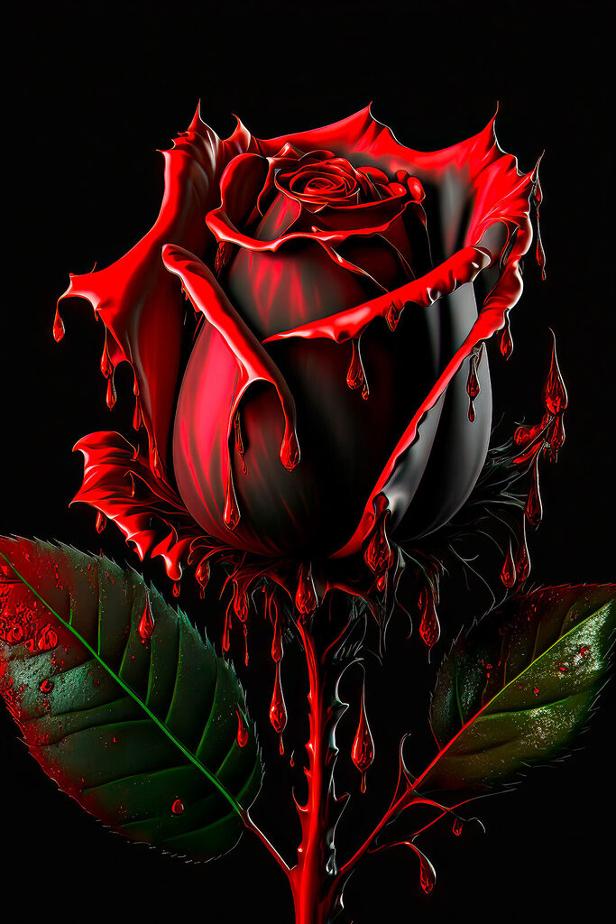 A red rose with green leaves and dripping red paint