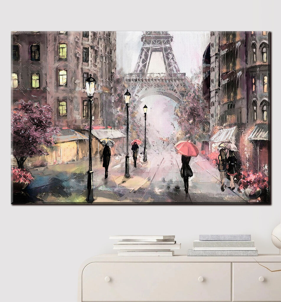 A painting of people walking with umbrellas in a city