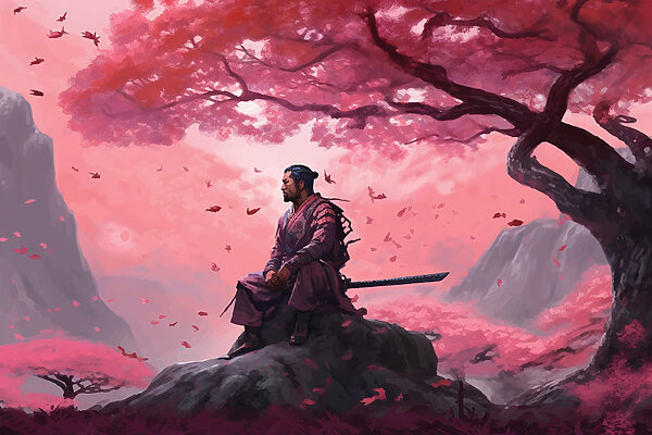 A man sitting on a rock with a sword