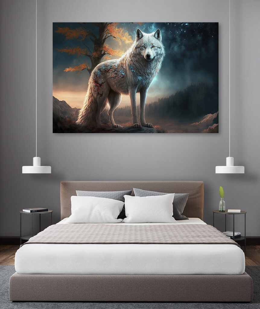 A white wolf standing on a rock