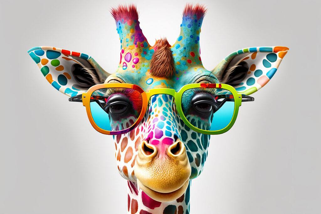 A giraffe wearing glasses