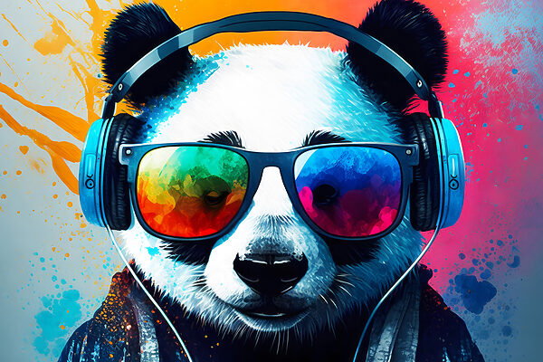 Fejhallgatót és napszemüveget viselő panda Fejhallgatót és napszemüveget viselő panda