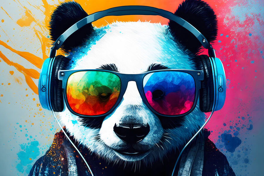 Fejhallgatót és napszemüveget viselő panda