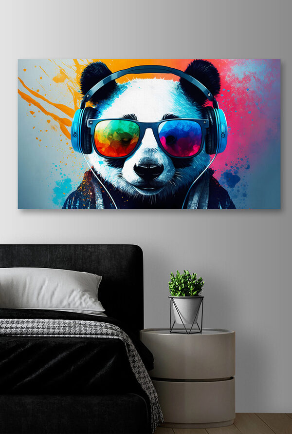Fejhallgatót és napszemüveget viselő panda Fejhallgatót és napszemüveget viselő panda