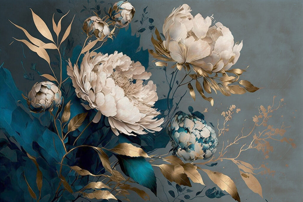 A painting of flowers and leaves
