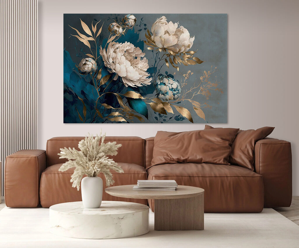 A painting of flowers and leaves
