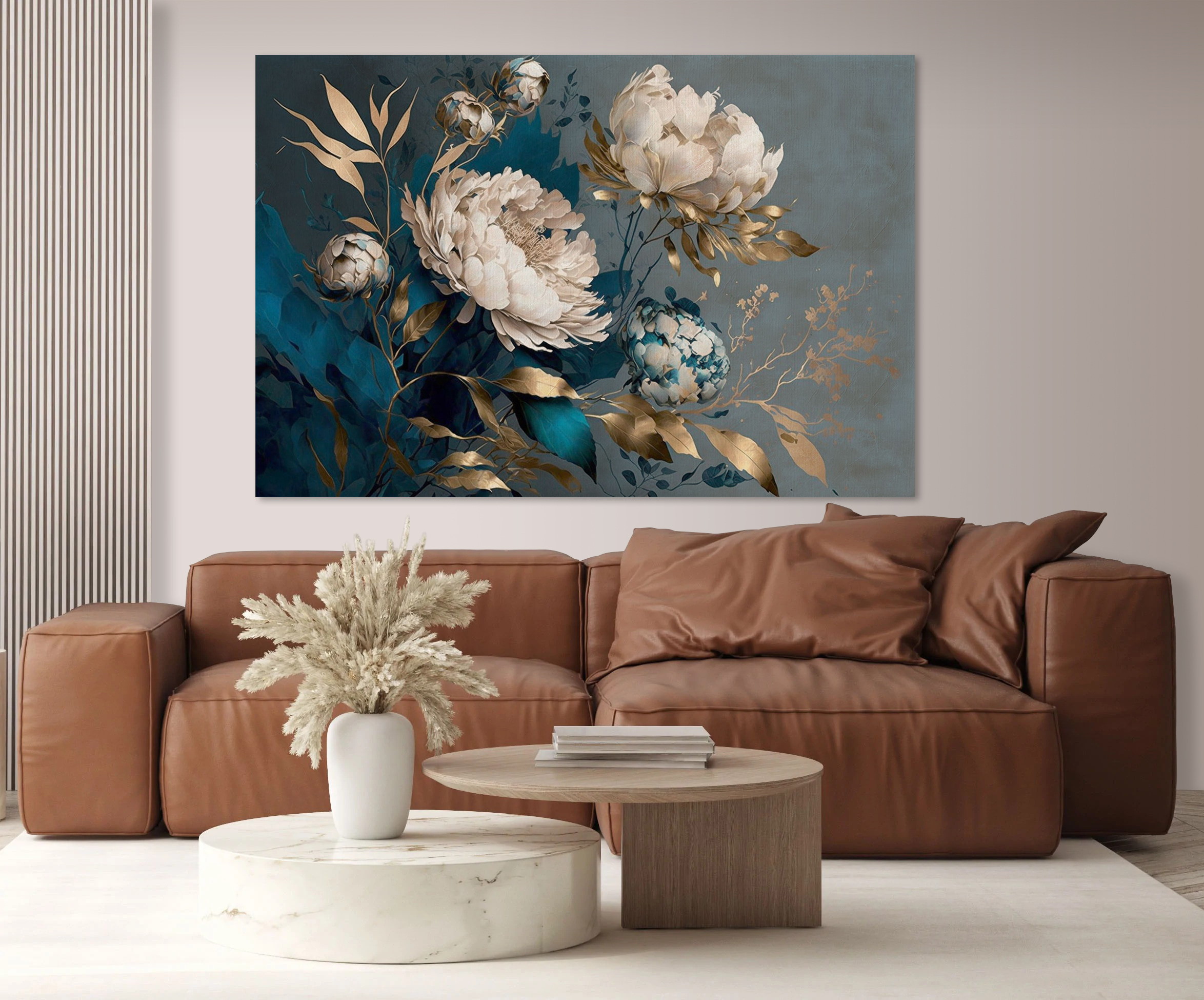 A painting of flowers and leaves