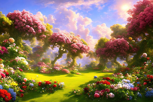 A landscape with trees and flowers