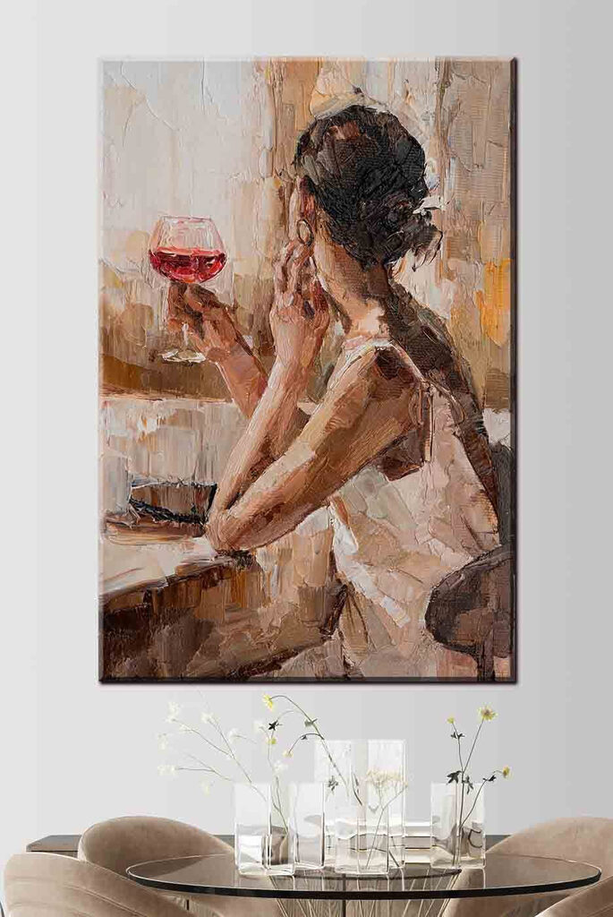 A painting of a woman holding a glass of wine