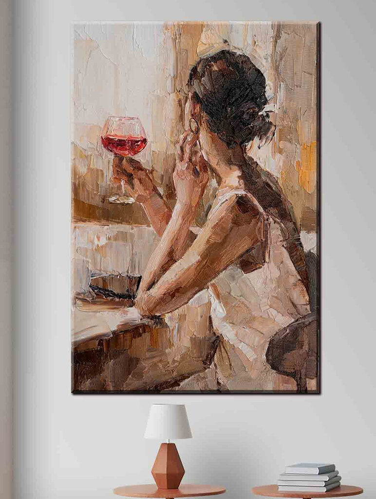 A painting of a woman holding a glass of wine