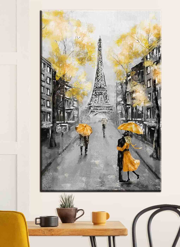 A painting of a street with people walking under an umbrella A painting of a street with people walking under an umbrella