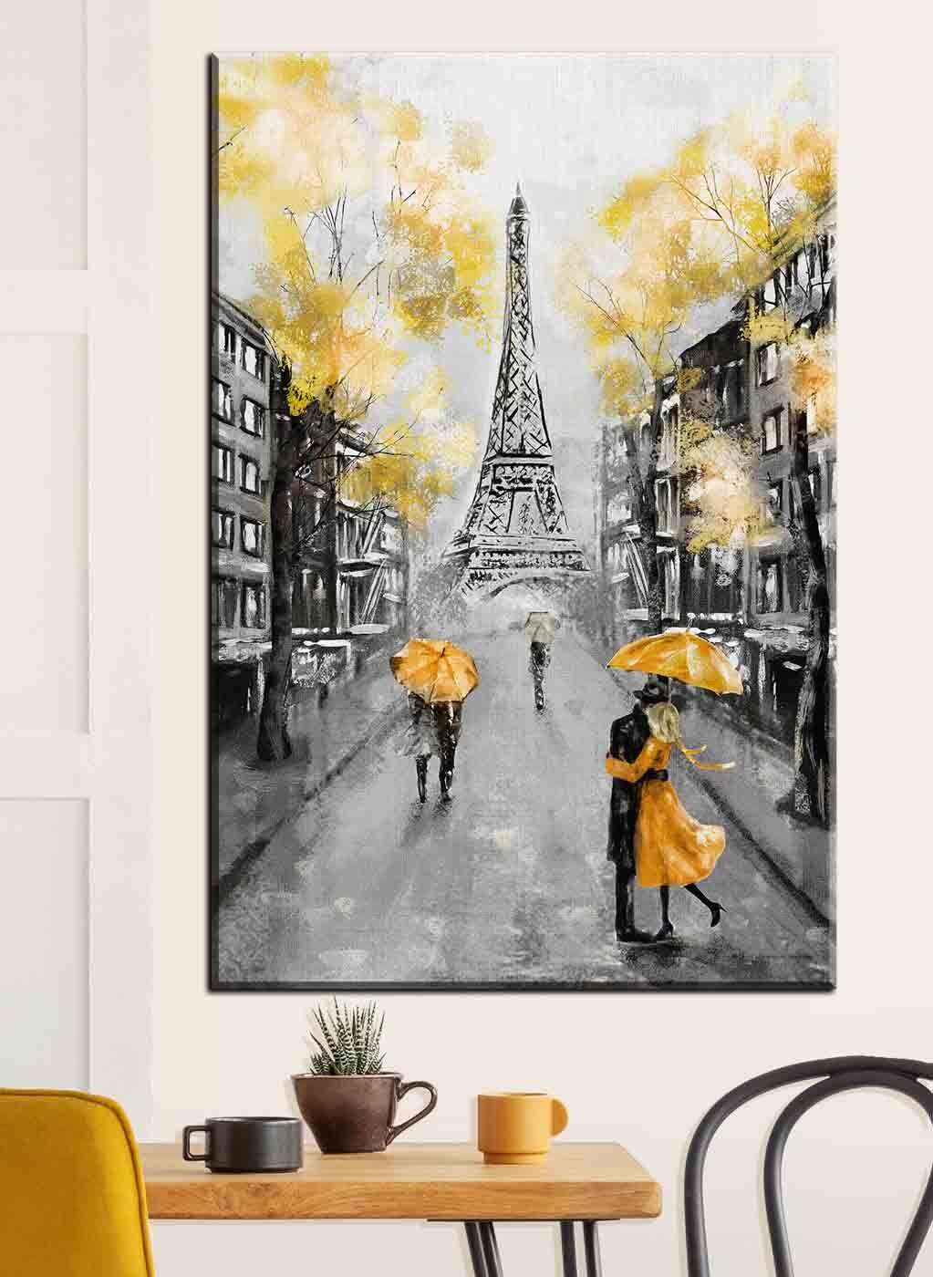 A painting of a street with people walking under an umbrella A painting of a street with people walking under an umbrella