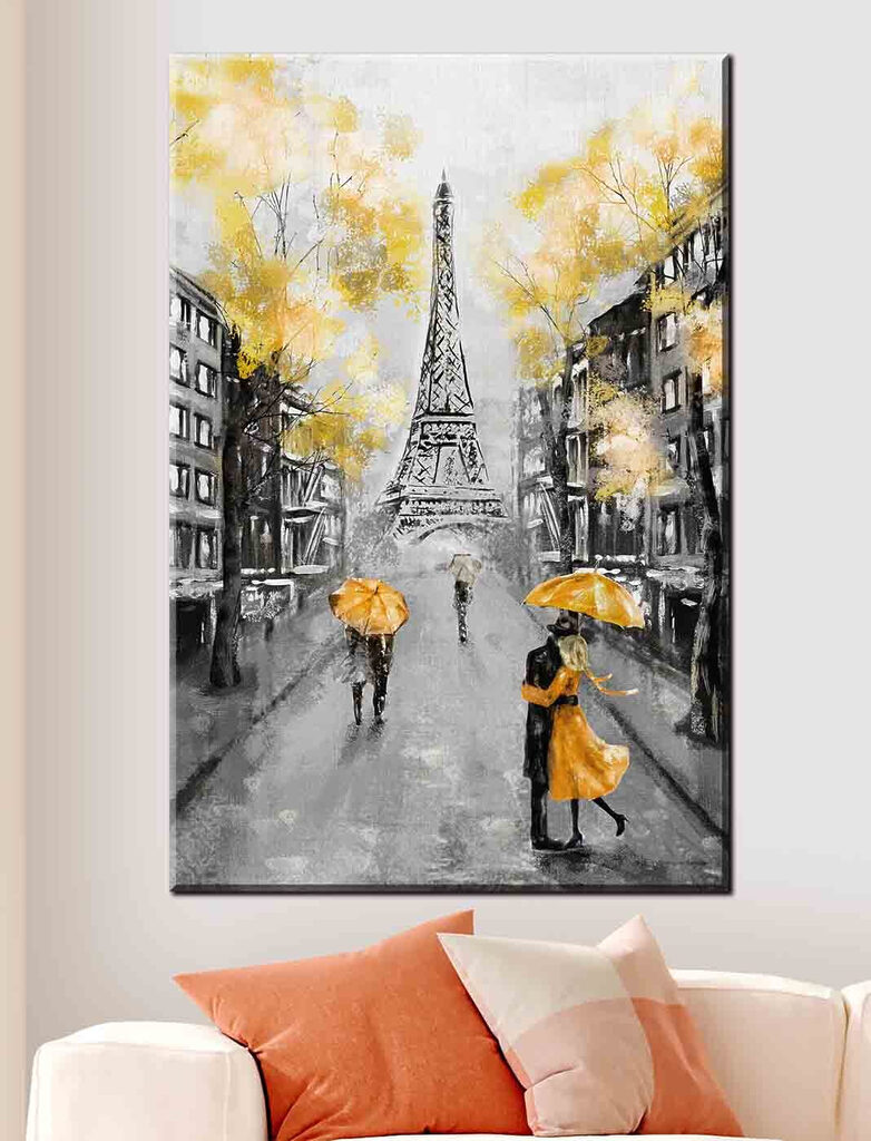 A painting of a street with people walking under an umbrella A painting of a street with people walking under an umbrella