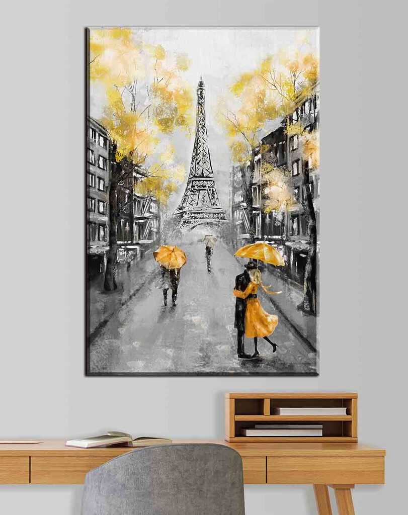A painting of a street with people walking under an umbrella A painting of a street with people walking under an umbrella