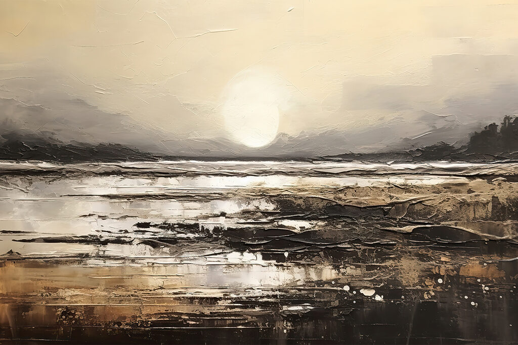 A painting of a beach with the sun in the background A painting of a beach with the sun in the background