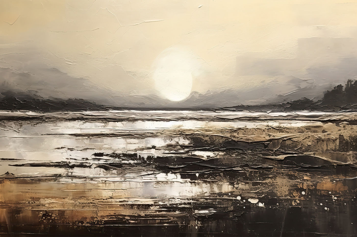 A painting of a beach with the sun in the background