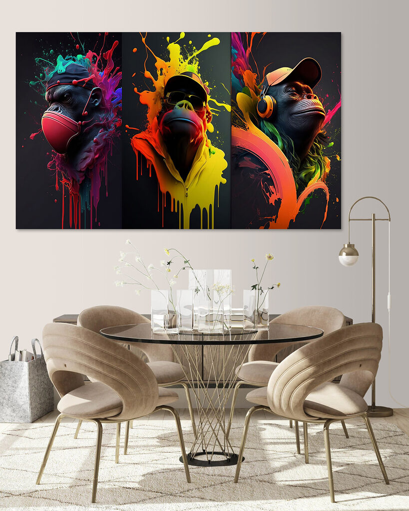A collage of images of a monkey with colorful paint splashes