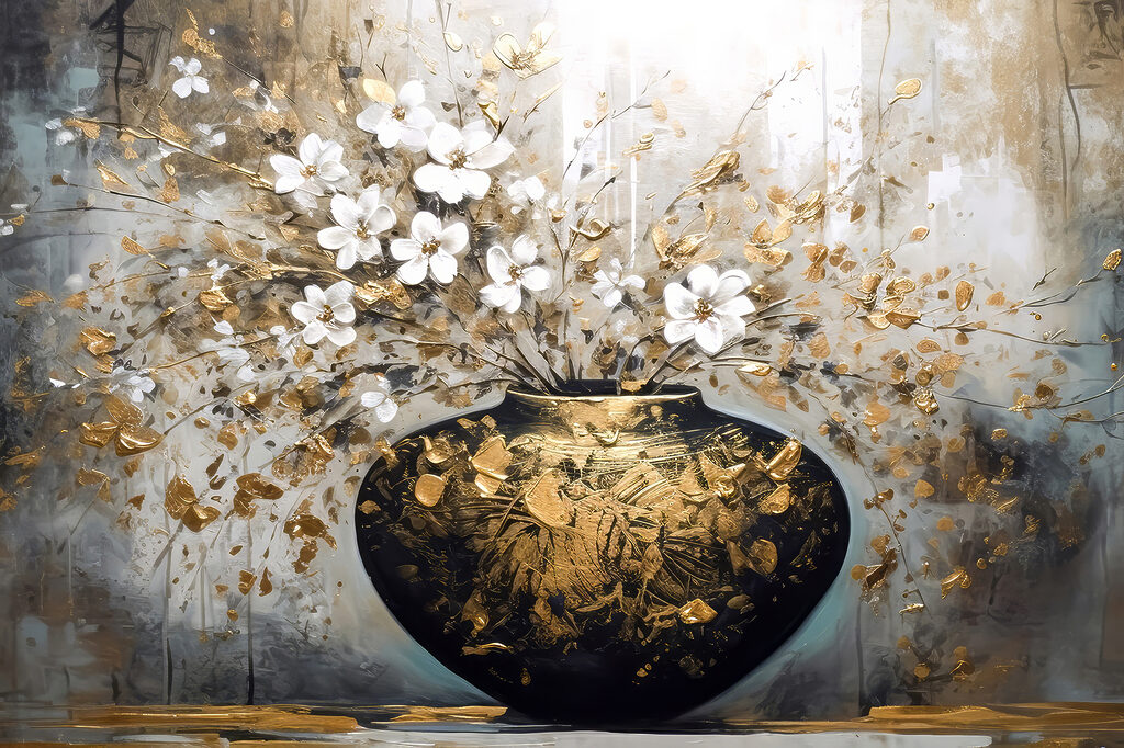 A painting of flowers in a vase
