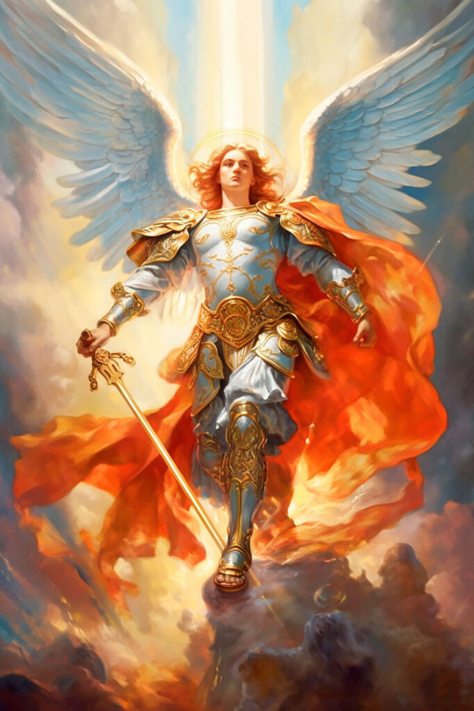 A painting of a person in armor with wings and a sword A painting of a person in armor with wings and a sword