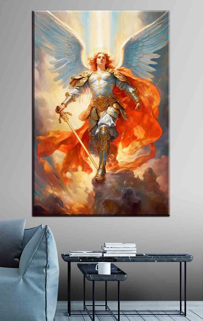 A painting of a person in armor with wings and a sword A painting of a person in armor with wings and a sword