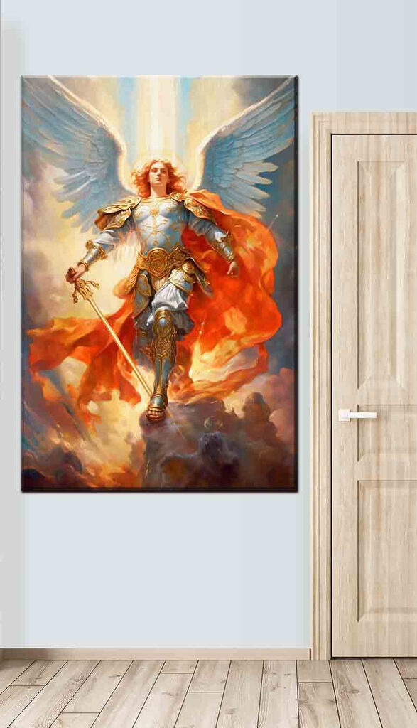 A painting of a person in armor with wings and a sword A painting of a person in armor with wings and a sword